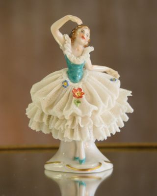 Antique German Porcelain Miniature Dresden Lace Ballet Dancer Figurine,  1920 ' S photo