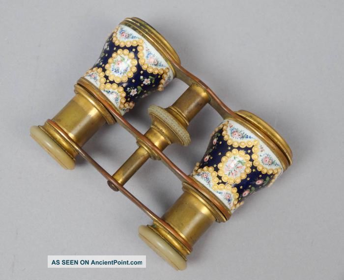 Antique 19c Unusual Pr Paris France Bronze Dore Mop Floral Enamel Opera Glasses Optical photo