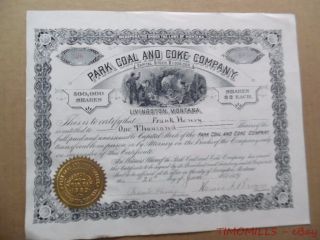 1889 Park Coal Coke Company Livingston Montana Mining Stock Certificate Antique photo
