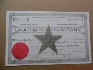 1892 Star Mining Company Castle Montana Stock Certificate Gold Silver Antique photo