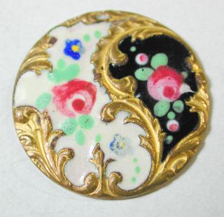 Antique French Enamel Button 2 Color With Hand Painted Flowers Design photo