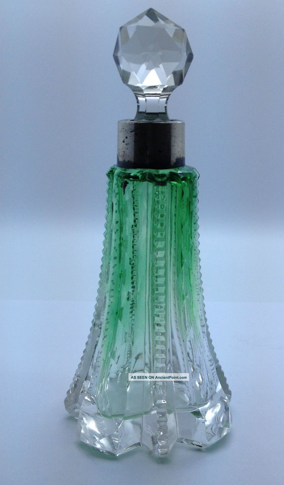 Antique Perfume Scent Bottle.  Cut Crystal Green Sterling Silver Rim London 1905 Sterling Silver (.925) photo