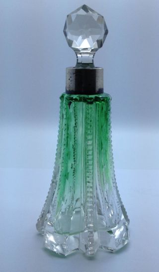 Antique Perfume Scent Bottle.  Cut Crystal Green Sterling Silver Rim London 1905 photo
