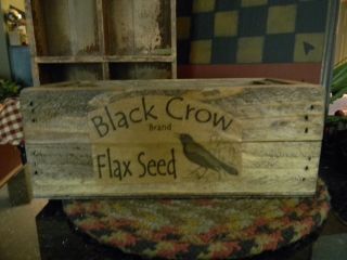 Primitive Small Lathe Wood Crate Box Vintage Look Label Black Crow Flax Seed photo