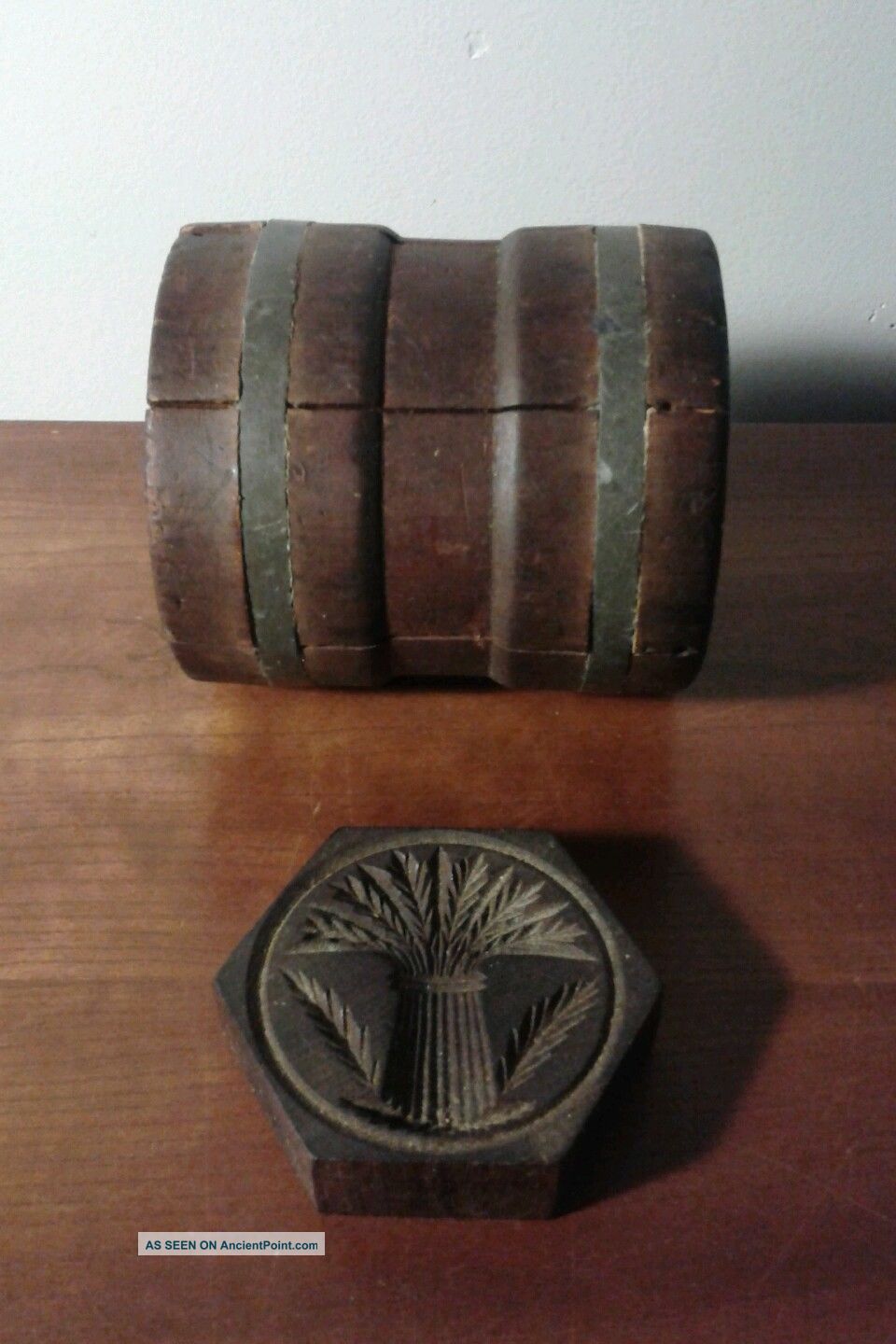 Antique Primitive Wood Butter Mold Barrel Hexagon Ornate Farm Americana Rare Vtg Primitives photo