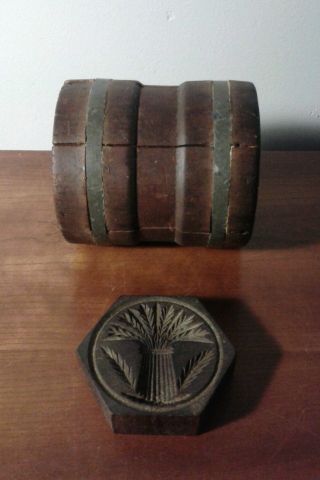 Antique Primitive Wood Butter Mold Barrel Hexagon Ornate Farm Americana Rare Vtg photo