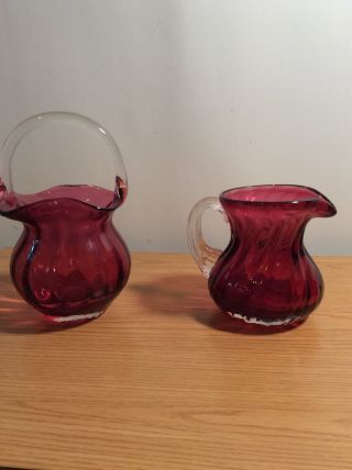 Antique Cranberry Glass Pitcher And Basket Ribbed Applied Handle,  Hand Blow photo