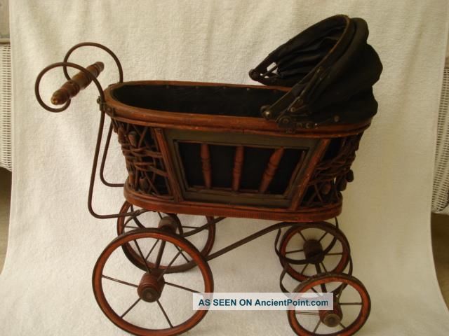 Vintage 16 Inch Wood Metal Wicker Baby Doll Carriage Buggy Stroller Antique Baby Carriages & Buggies photo