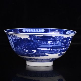 Chinese Blue & White Hand - Painted Scenery Porcelain Bowl W Qing Dynasty Qianlong photo