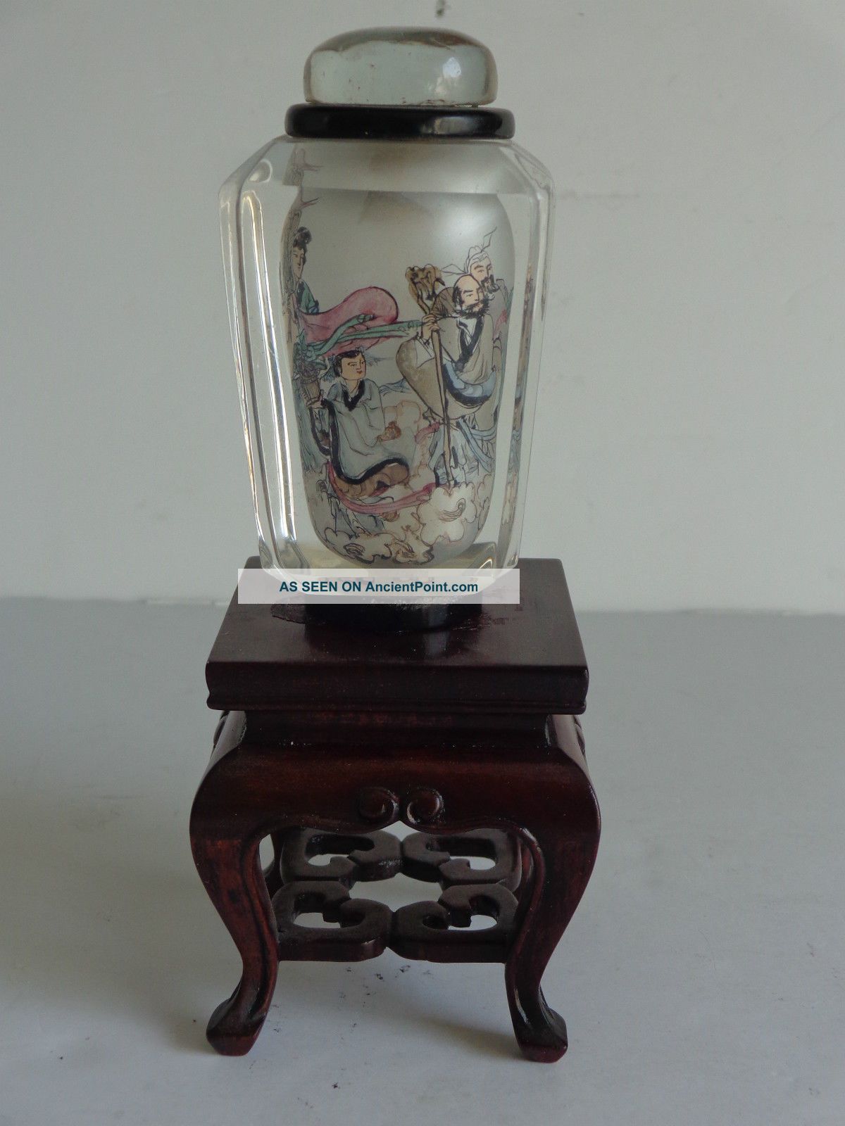 Vntg Reverse Inside Painted Chinese Rock Crystal Glass Snuff Bottle Wood Base 5 Snuff Bottles photo