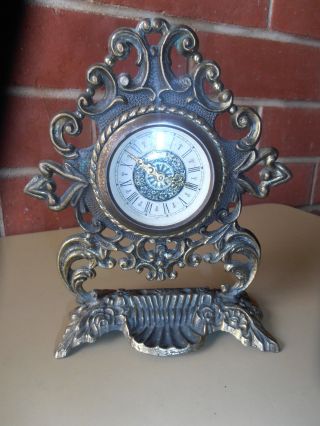 Antique Clock Metal Brass Mantle Clock Windup Rear German Value photo