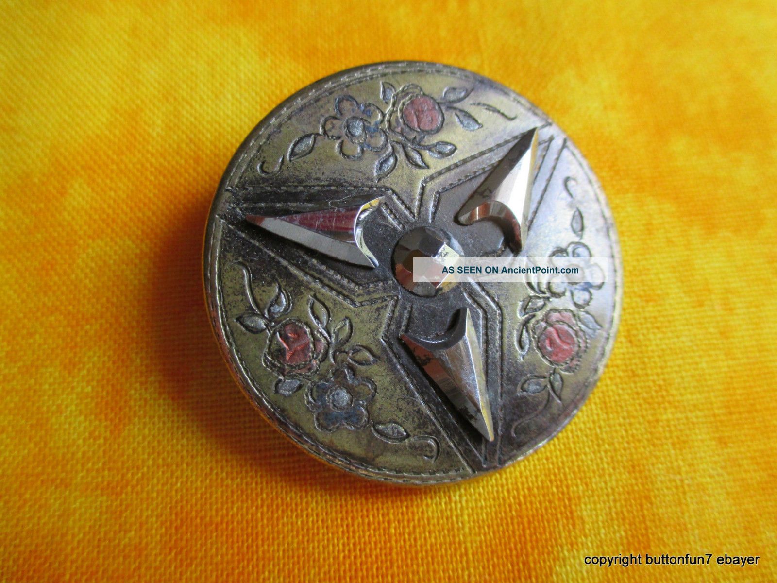 1428 – Large Brass Triad Engraved Button Embellished W Cut Steels Buttons photo