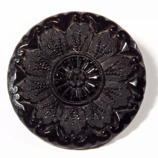 (1) 27mm Antique Vtg Victorian Czech Lacy Style Black Floral Molded Glass Button photo