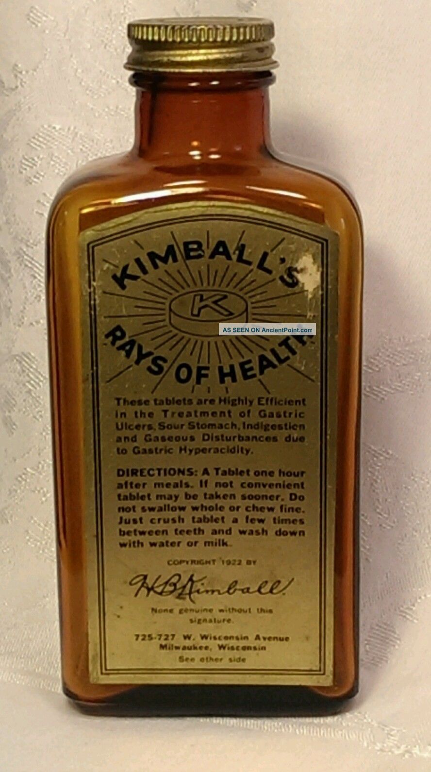 Antique 1922 Kimball ' S Rays Of Health Empty Amber Glass Apothecary Bottle Bottles & Jars photo
