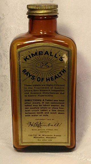 Antique 1922 Kimball ' S Rays Of Health Empty Amber Glass Apothecary Bottle photo