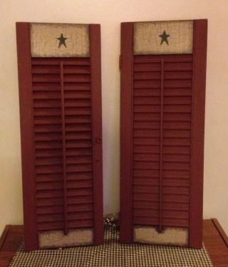 Primitive Wood Shutters Large Crackle Country Farmhouse Decor Burgundy/ Tan photo