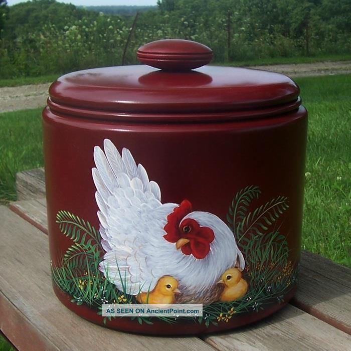 Red Aluminum Canister Container Hp Hen Chicks Handpainted Rooster Art T.  Mcmurry Primitives photo