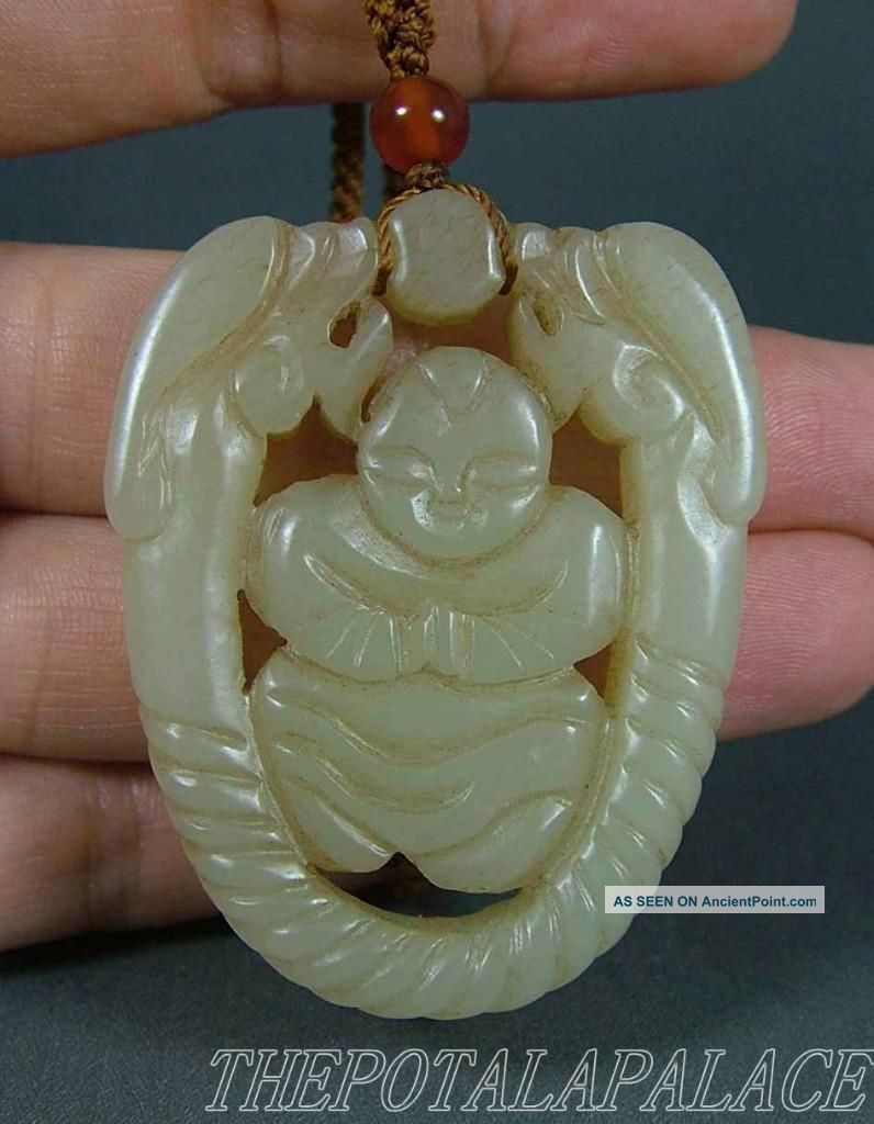 Old Chinese Nephrite Celadon Jade Pendant Archaistic Style Dragons & Fairy Boy Necklaces & Pendants photo