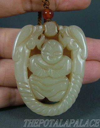 Old Chinese Nephrite Celadon Jade Pendant Archaistic Style Dragons & Fairy Boy photo