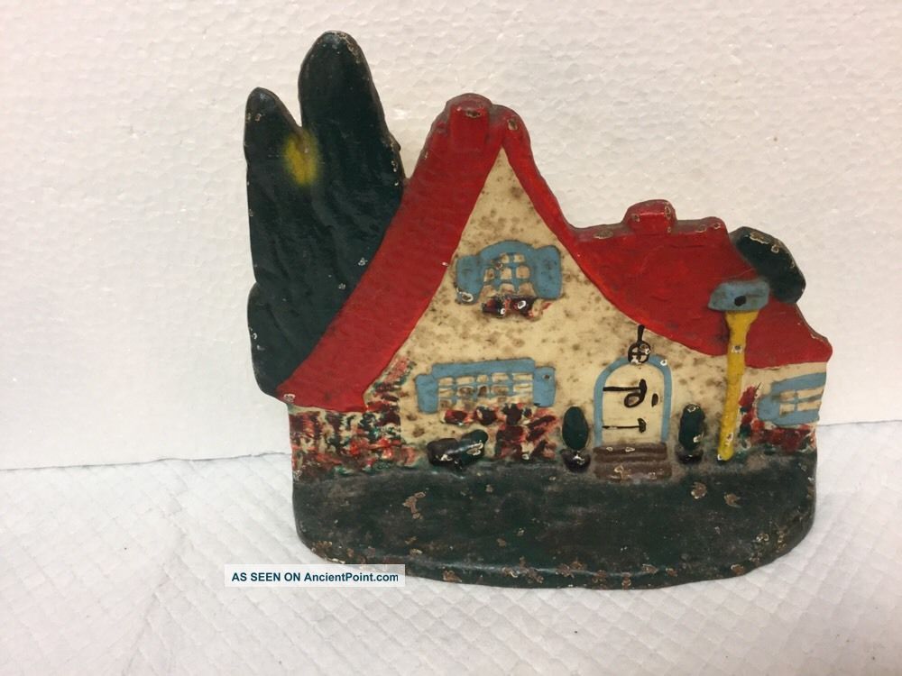 Magnificent Littco Cast Iron Doorstop Cottage With Red Roof Great Paint Metalware photo