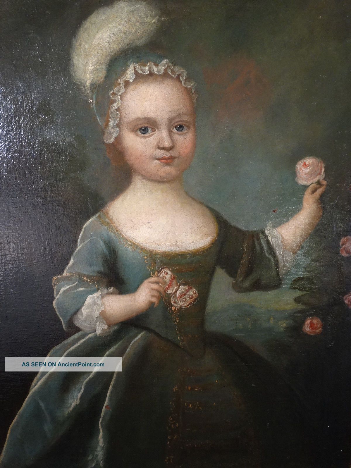 18thc Antique French Girl Portrait Young Child & Butterfly & Flower Oil Painting Primitives photo