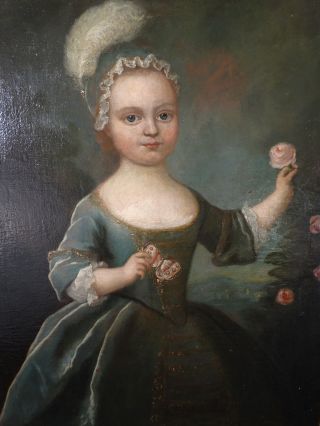 18thc Antique French Girl Portrait Young Child & Butterfly & Flower Oil Painting photo