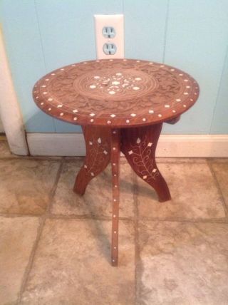 Vintage Antique Asian Rosewood Or Teak Folding Small Table With Bone Inlays photo