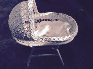 Vintage Large Wicker Doll Crib Bassinet With Chair photo