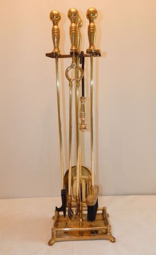Vintage Brass 5 Piece Fireplace Hearth Tools With Stand photo