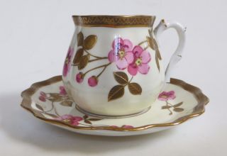 19th C E.  J.  D.  Bodley Burslem Gold & Pink Floral Painted Cup/saucer 7 8093 Ex.  Cnd photo