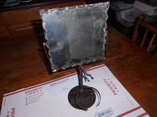 Antique Beveled Scalloped Shaving Vanity Iron Mirror & Metal Stand Old photo