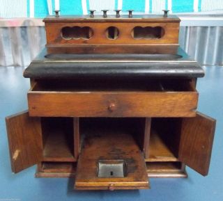 Antique Perpetual Desk Caddy Cabinet Ink Well Holder Calendar photo