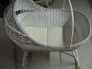Vintage Wicker And Wood Basket Baby Nursery Bed Crib Bassinet Cradle With Skirt photo