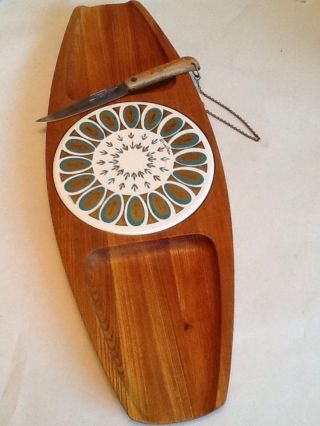 Vintage Mid - Century Modern Fred Press Wood Cheese Board Snack Tray Platter,  Knife photo
