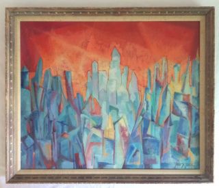 Vintage Abstract Mid Century Modern Cityscape Icebergs Oil Painting Framed photo
