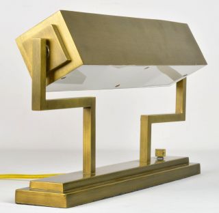 A Mid Century Modern Bauhaus Style Cubist Brass Finish Desk Bank Lamp,  Sharp photo