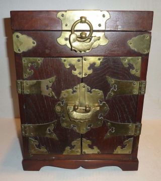 Estate Oriental Wood & Brass Decorated Jewelry Box We Have Both Locks & Keys photo