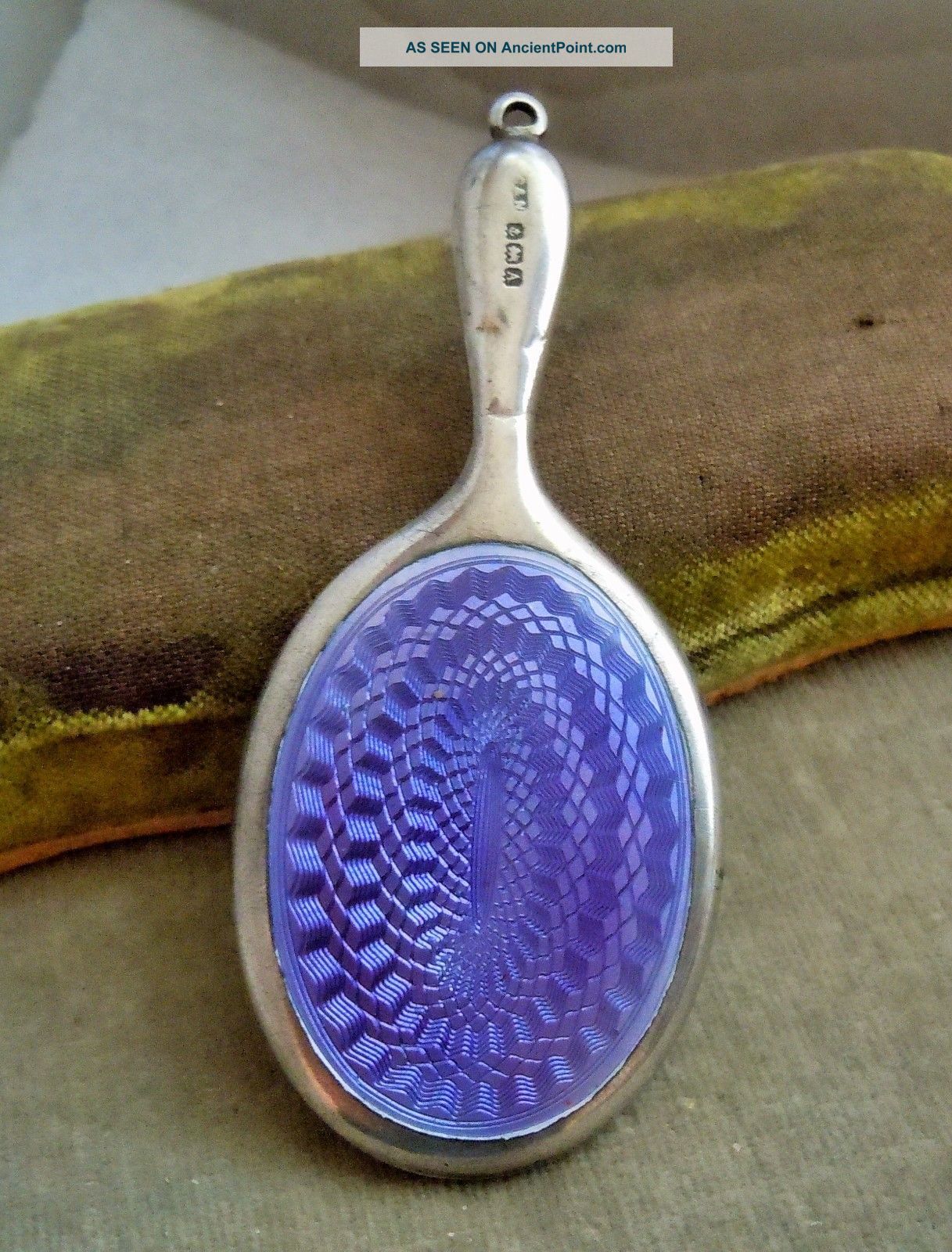Antique Birmingham C&n Sterling Purple Guilloche Enamel Chatelaine Hand Mirror Other Antique Sterling Silver photo