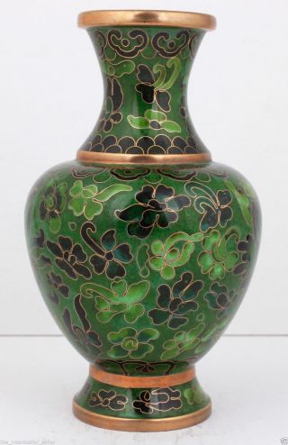 Vintage/antique Small Chinese Cloisonne Enamel Vase Green Flowers 2 photo