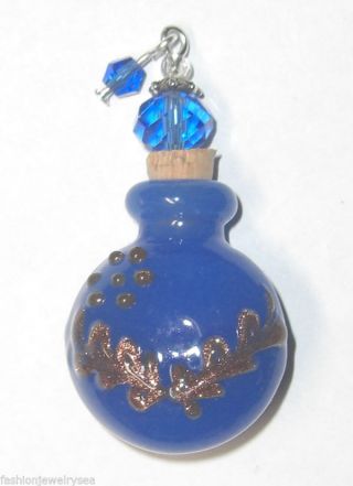 Jade Bottle Cobalt Glass Perfume Pendant Antique Style Copper Feather Bead Vial photo