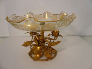 Vintage Hollywood Regency Italian Gold Roses Glass Dish Compote photo