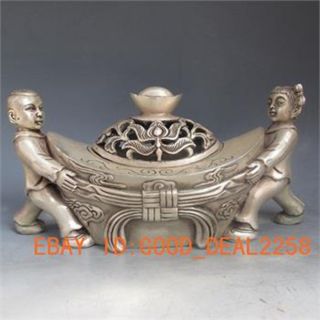 Silver Bronze Carved 2 Kid & Yuanbao Shape Incense Burner & Lid W Qianlong Mark photo