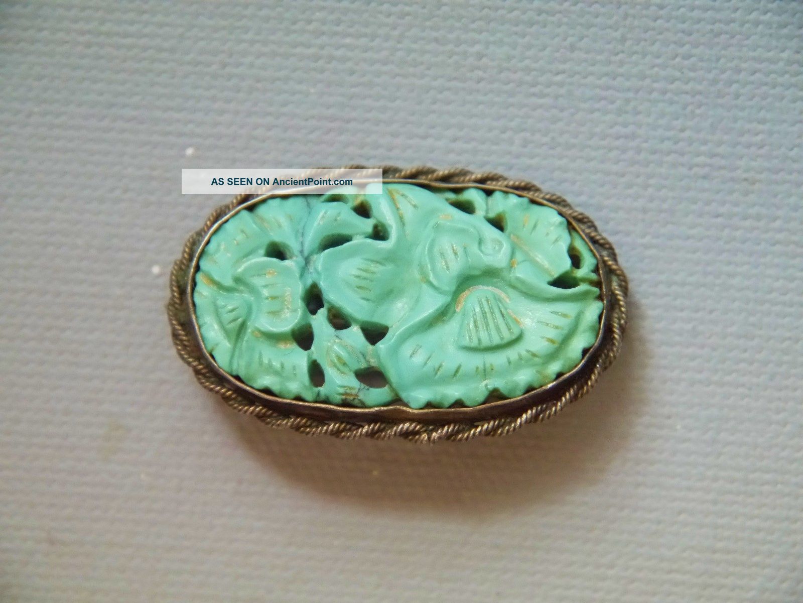 Antique Chinese Carved Natural Turquoise Blossom Brooch In Silver Setting Necklaces & Pendants photo