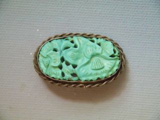Antique Chinese Carved Natural Turquoise Blossom Brooch In Silver Setting photo