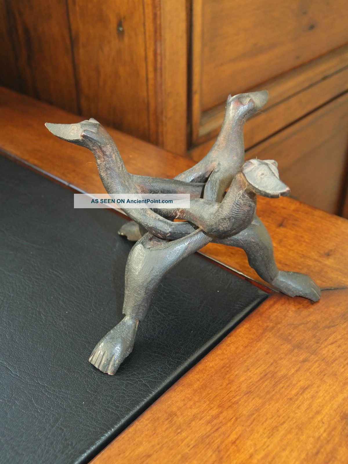 A Vintage Old African Hardwood Wooden Hand Carved Tribal Animal Tripod Stand Other African Antiques photo