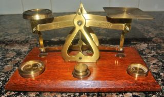 Antique Brass Postal Scale 4 Weights Mahogany Victorian 1800s British English photo
