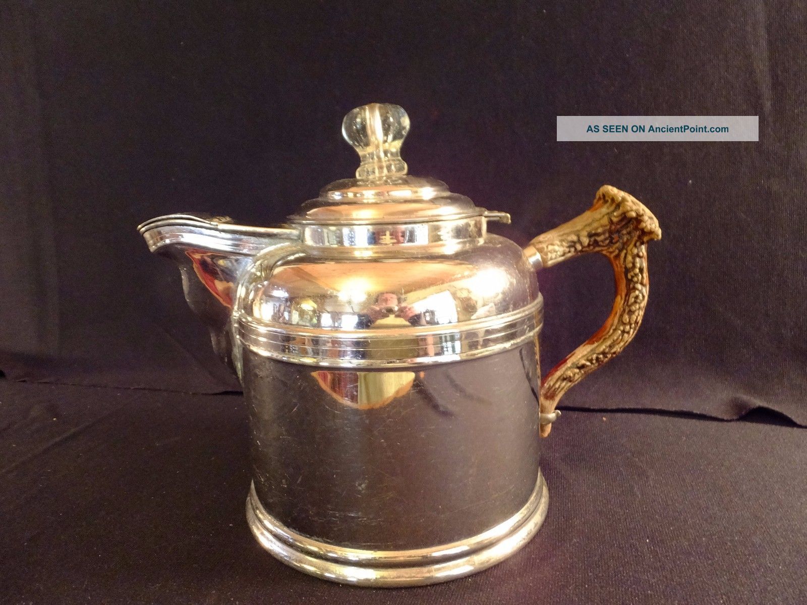 Antique Nickel Rome Metal Ware Teapot Coffee Antler Handle C.  1880 Teapots & Tea Sets photo