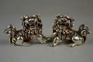 Old Decorated Handwork Miao Silver Carving Auspicious Pair Kylin Elegant Statue photo