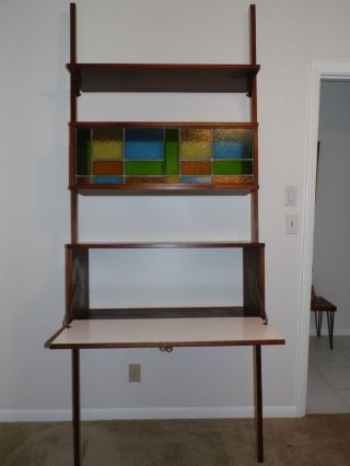 Vintage Mid Century Danish Modern Floating Desk Wall Unit Stained Glass Cabinet photo