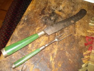 Primitives 18th Century Dyed Green & Silver Cutlery Knife & Fork Shape photo